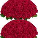 50 Pcs Red Roses Artificial Flowers, Real Touch Velvet Roses Bouquet Fake Flowers Bulk, Artificial Roses with Long Stems for Birthday Gift Women Mom DIY Bridal Wedding Centerpiece Decorations