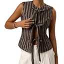 MakeMeChic Women's Striped Vest Tops Sleeveless Bow Tie Front Tops Going Out Brown X-Small