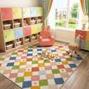 Jinchan Macy 7x9 Kids Area Rug for Classroom Modern Colorful Nursery Rug Checkered Diamond Playroom Washable Soft Non Slip Carpet for Playroom Living Room Bedroom Daycare Circus on Cream