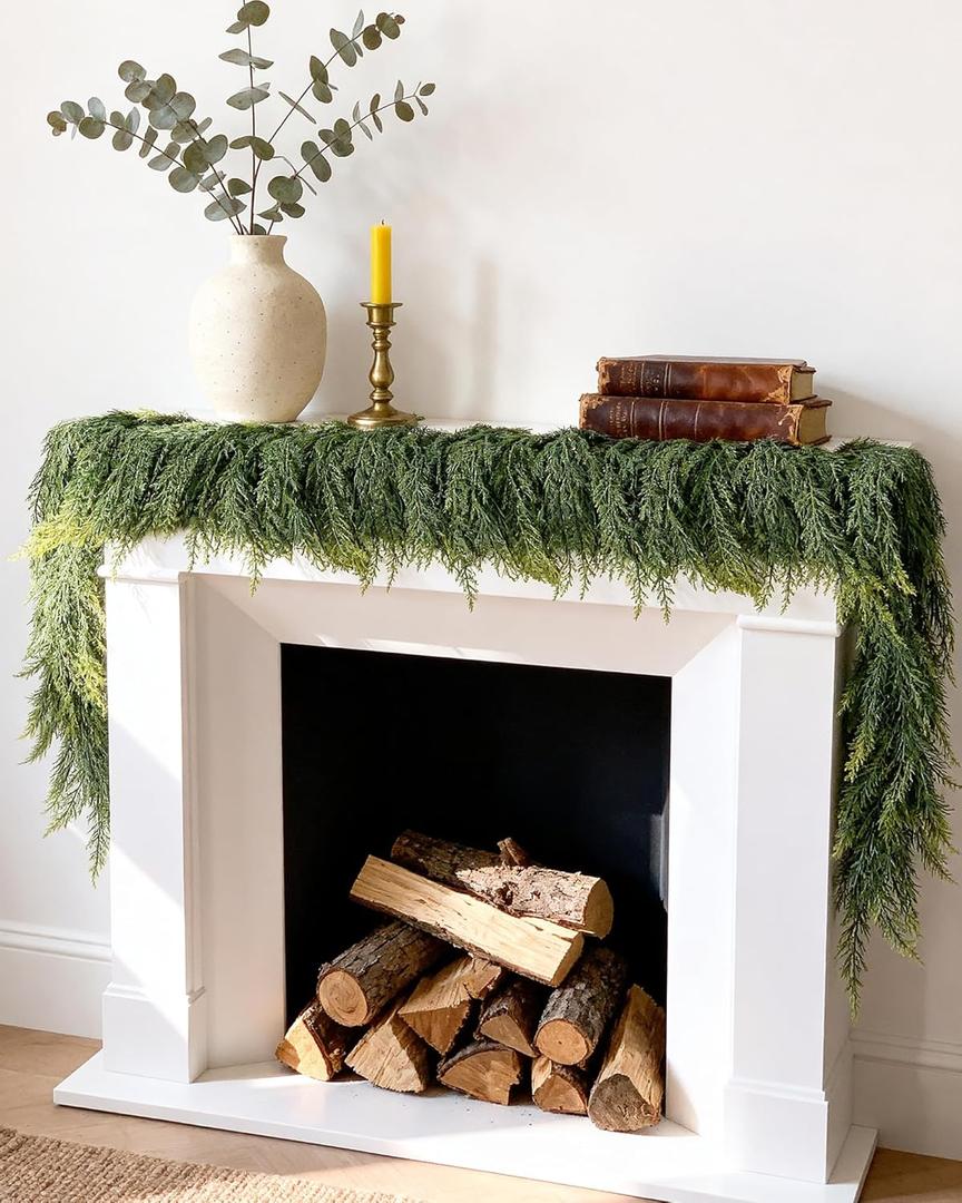 12FT (2 * 6FT) Real Touch Cedar Garland - Lush & Feathery Artificial Pine Garland, Unlit Faux Greenery for Mantle Staircase, Natural Woodsy Charm Christmas Decor Indoor Outdoor