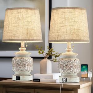 19.5" Farmhouse Vintage Table Lamps for Living Room Set of 2 Traditional Rustic Bedside Lamps for Bedrooms Nightstand with USB Ports Carved Floral Night Light Lamp for Office Decor,Pull Chain