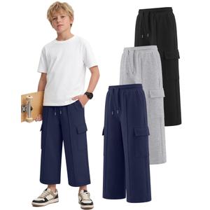 Langyiwee 3 Pack Boys Capri Pants Drawstring Elastic Waisted Teens Cargo Joggers Pull on Casual Sweatpants with Pockets(Navy Blue, Light Heather Gray, Black,13-14 Years)