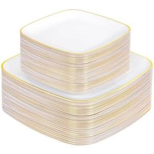 bUCLA 100PCS White Plates with Gold Trim - Heavy Duty White Gold Square Disposable - Include 50 Each (10 inch Dinner & 7.25 inch Dessert) Plates for Party & Wedding