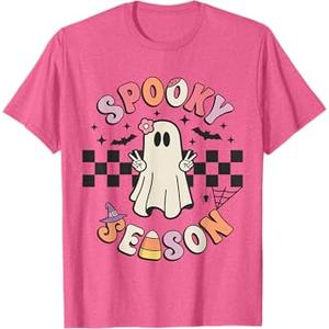 Spooky Season Retro Happy Halloween Ghost Women Toddler Girl T-Shirt , Pink Heater