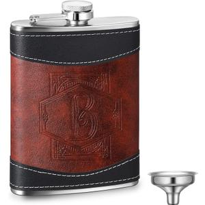 Baderke Personalized Groomsmen Flask 8 oz Stainless Steel Monogram Hip Flask for Men Leather Birthday Gift for Dad Grandpa Wedding(Letter B)