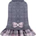 YUDODO Dog Sweater Dress for Small Dogs Girl with Bowtie Winter Warm Dog Turtleneck Sweater with Leash Hole Soft Puppy Knitwear Clothes Cute Doggie Dresses for Yorkie Chihuahua (Grey-Pink, M) (Medium (9-15 lbs))