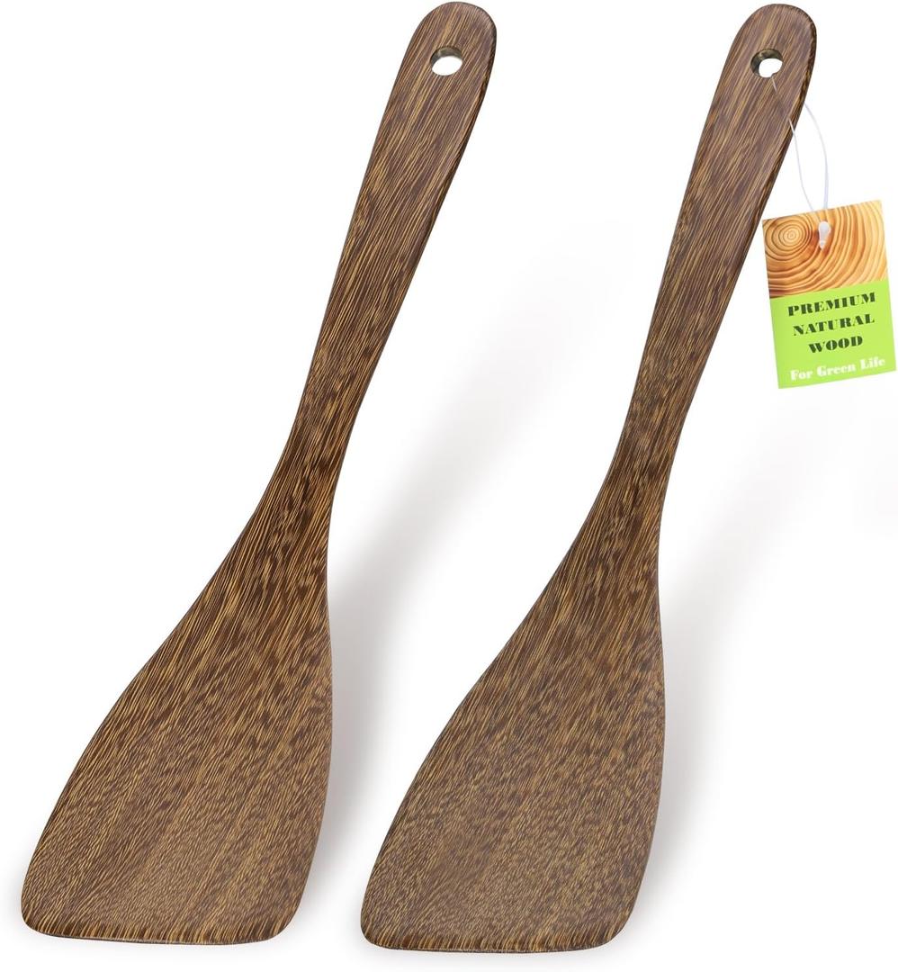Ecavria 2PCS Wooden Spatula, 12.8IN Wooden Flat Frying Spatulas, Long Handle Wood Turner for Non-Stick Cookware, Natural Wood Cooking Utensils, Healthy, Sturdy & Heat-Resistant