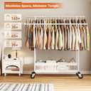 Clothes Rack 210 LBS Double Rods Extra Storage Basket | Rustproof Coated Steel, Anti-bending Design, 360 Sturdy Wheels, 10-Min Tool-Free Assembly, Metal Garment Rack for Home