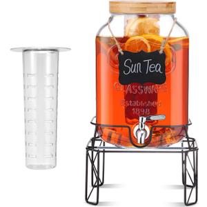 2 Gallon Drink Dispensers with Stand, Glass Beverage Dispenser with Stainless Steel Spigot and Bamboo Lid,Lemonade Dispenser,Glass Drink Dispensers for Parties, Weddings