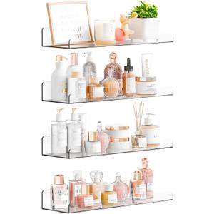 Yieach 4 Pack 15" Acrylic Shelves for Wall,Bathroom,Bedroom - with Adhesive - No Drilling Clear Floating Shelves for Funko Pop,Lego,Action Figures,Nail Polish,Perfume Shelf and Wall Storage & Display