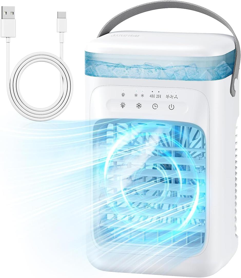 Portable Air Conditioner, Personal Evaporative Cooler with 3-Speed Cooling Fan, 1L Water Tank, 2-Mist Humidifier, 7-Color LED Light, for Room, Bedroom, Office (White)