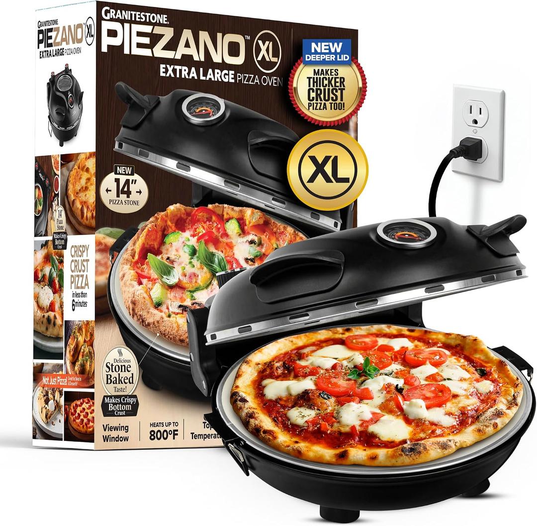 PIEZANO XL 14 Inch Electric Indoor Pizza Oven Heats up to 800F - Pizza Maker with Stone for Crispy Crust Pizza, Cooks in Under 6 Minutes, Countertop, Dual Heat Control, Peels & Scraper Included