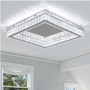 Finktonglan Modern Square Crystal LED Ceiling Light - 17.7 inch Flush Mount Stainless Steel Chandelier for Living Room, Bedroom, Dining Room, 6000K, 34 Watts, square cool white