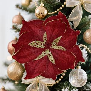 Alupssuc 16 PCS Poinsettia Christmas Flowers Artificial, Glitter Magnolia Poinsettia Flowers Artificial, Sparkling Christmas Decorations for Xmas Tree Party Wreath Fireplace, Burgundy