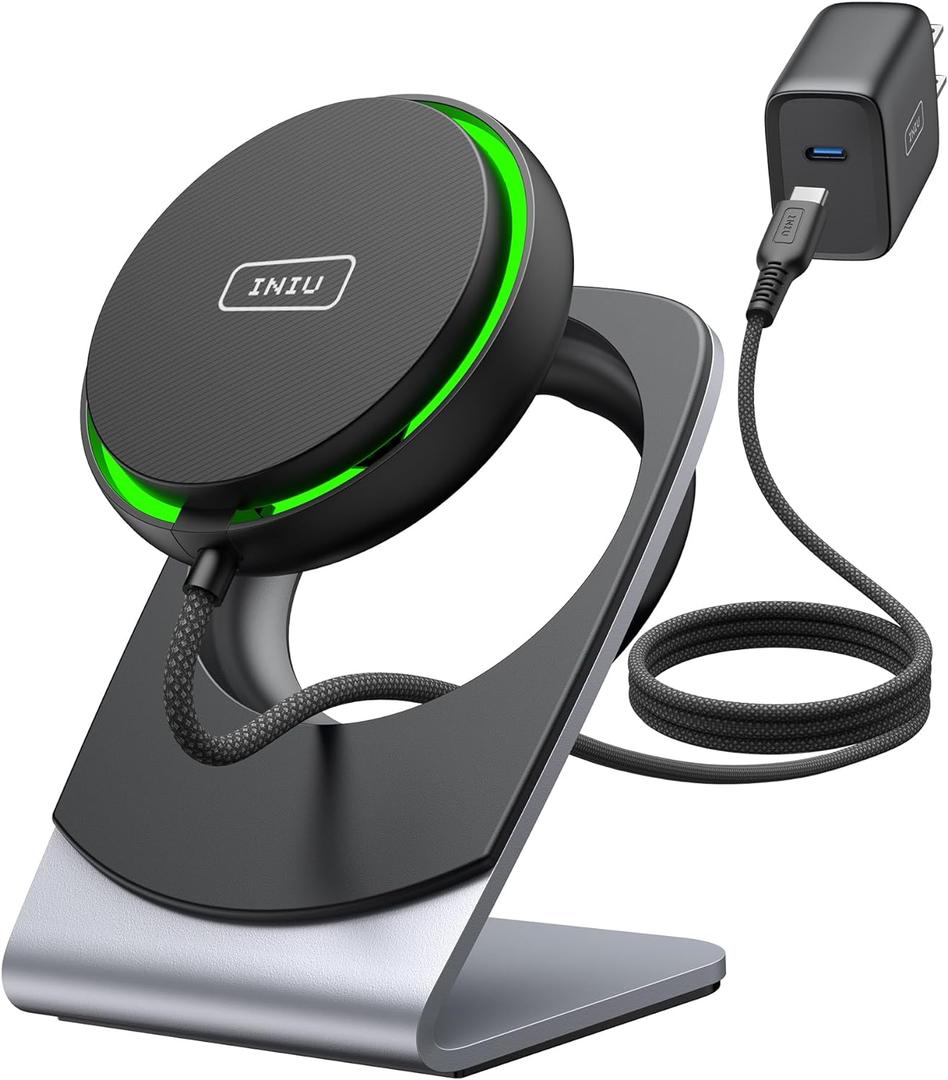 INIU for Magsafe Charger, 15W Fast Charging Magnetic Wireless Charger Stand, Travel Essential Wireless Charging Station with Sleep-Friendly Adaptive Light, for iPhone 16/15/14/13/12 Series, Airpods (Black)