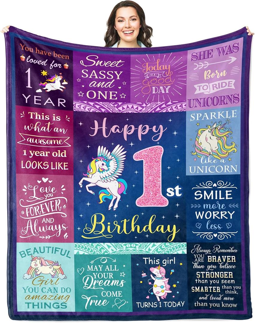 Solzien 1 Year Old Girl Birthday Gift Blanket 50"x40", Gifts for One Year Old Girl, First/1st Birthday Gift Ideas
