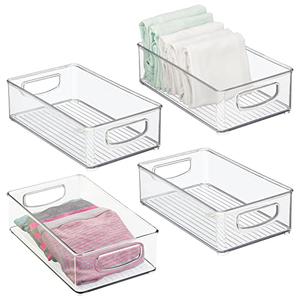 mDesign Small Plastic Storage Organizer Container Bin, Closet Organization for Hallway, Bedroom, Linen, Coat, Entryway - Holds Clothing, Blankets, Accessories, Toys - Ligne Collection, 4 Pack, Clear