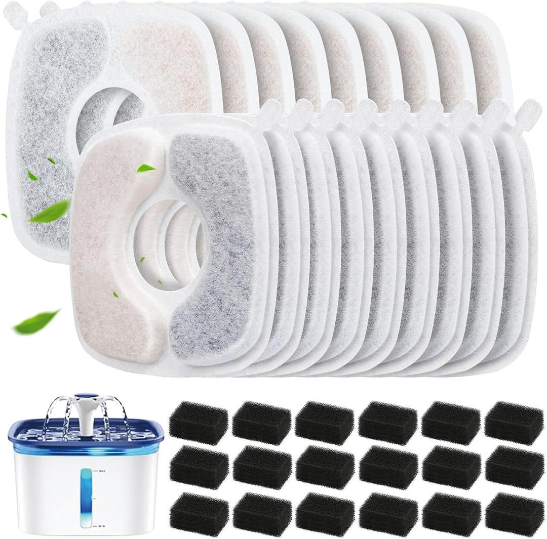 36 Pack Cat Water Fountain Filter Replacement Compatible with VEKEN 67oz/84oz/95oz/135oz Automatic Pet Fountain Dog Water Dispenser (18 Filters+ 18 Sponges)