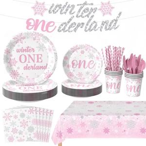 194 Pcs Winter Onederland Party Decorations, Girl 1st Birthday Party Supplies Tableware Set Serves 24, with Plates Napkins Cups Fork Knives Spoon Tablecloth Banner, Pink Themed Disposable Dinnerware