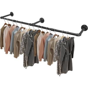 Livabber Industrial Pipe Clothes Rack, Heavy Duty Detachable Iron Garment Rack Wall Mounted, Rustic Saving Space Clothes Bar Multi-Purpose Hanging Rod for Bedroom, Closet, Black (60 Inch)