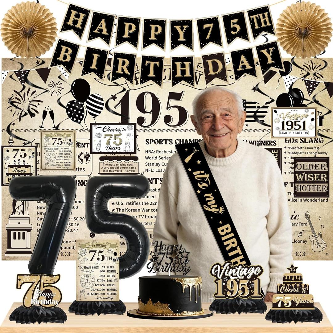 19PCS 75th Birthday Decorations for Men Women Vintage 1975 Party Decorations Banner Hanging Swirls, 75th Bday Backdrop Centerpieces Paper Fan Cake Topper, Balloon Sash, Cheers to 75 Years Party Set