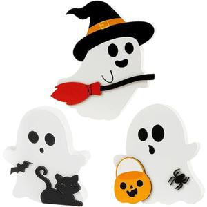 3Pcs Ghost Decors Cute Halloween Decorations Indoor Black Cat Witch Broom Pumpkin Halloween Table Decorations for Shelf Display