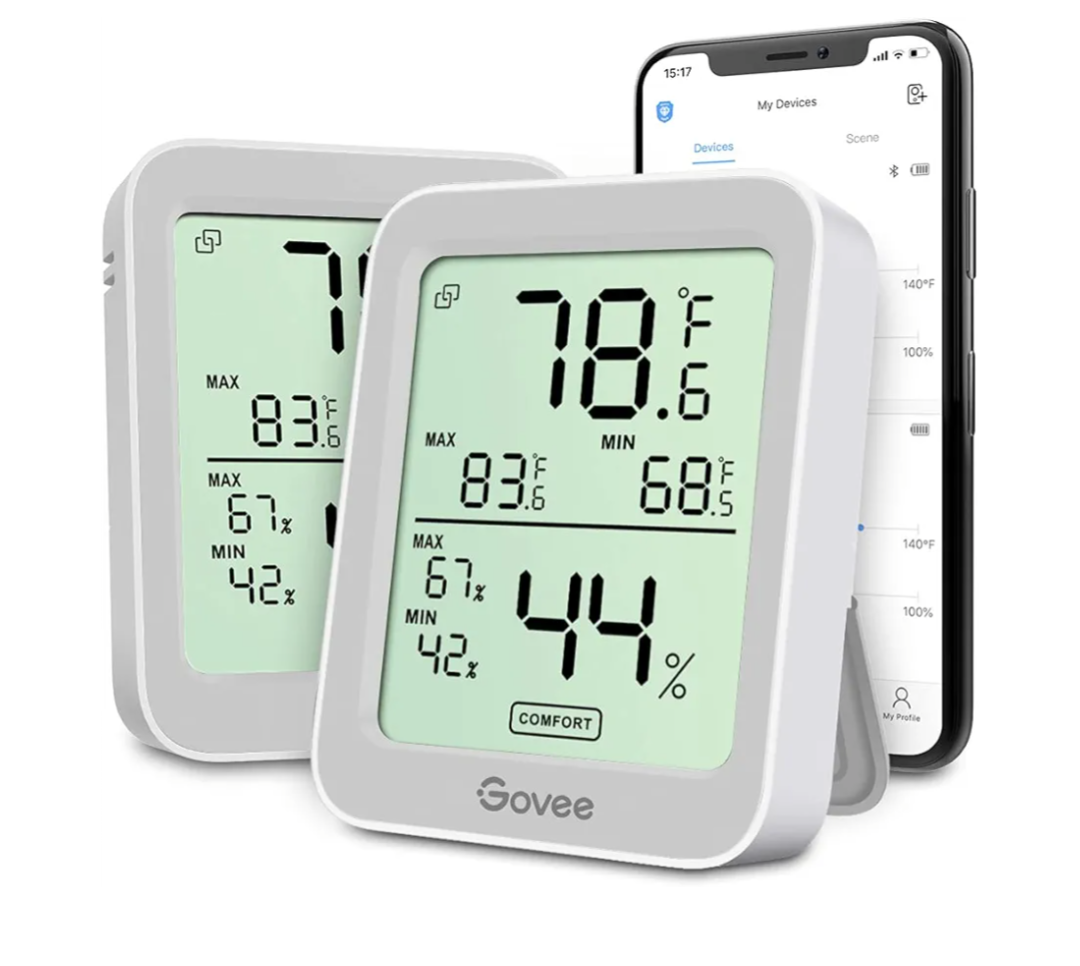 Govee Indoor Hygrometer Thermometer 2 Pack, Humidity Temperature Gauge with Large LCD Display, Notification Alert with Max Min Records, 2 Years Data Storage Export for Room Greenhouse, Grey