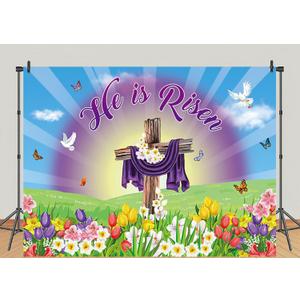 He is Risen Backdrop Jesus Easter Photography Religious Cross Decoration Spring Purple Flowers Green Grassland Photo Props for Easter Party (86 FT)