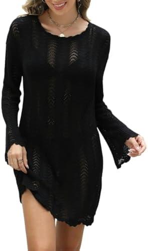VIMPUNEC Crochet Swimsuit Coverup for Women Summer Bathing Suit Cover Ups Swimwear Beach Dress, L