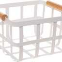 Simplify Square Metal Storage Basket with Bamboo Handles | Medium | Farmhouse Style Wire Basket | Home Organizer | Decorative | Rustic | White