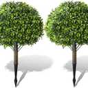 Faux Boxwood Balls for Outdoor Planters Topiary Set of 2 with Peanut Leaves,UV Resistant Artificial Shrub Bushes Trees with Spike for Porch,Indoor,Garden