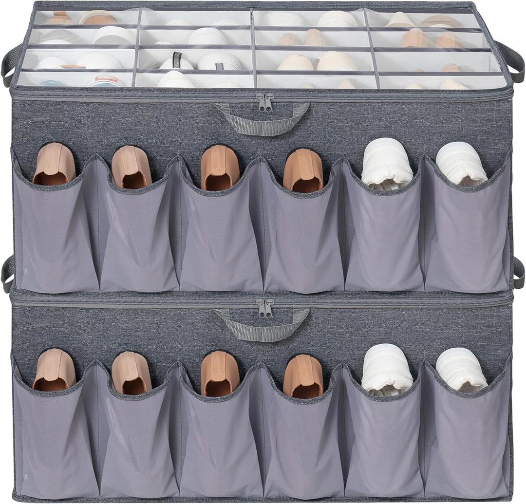 Shoe Organizer for Closet, Shoe Storage Solution with Clear Cover & Adjustable Dividers, Fabric Shoe Box Fits 16 +12 Pairs Shoes, Grey, 2-Pack