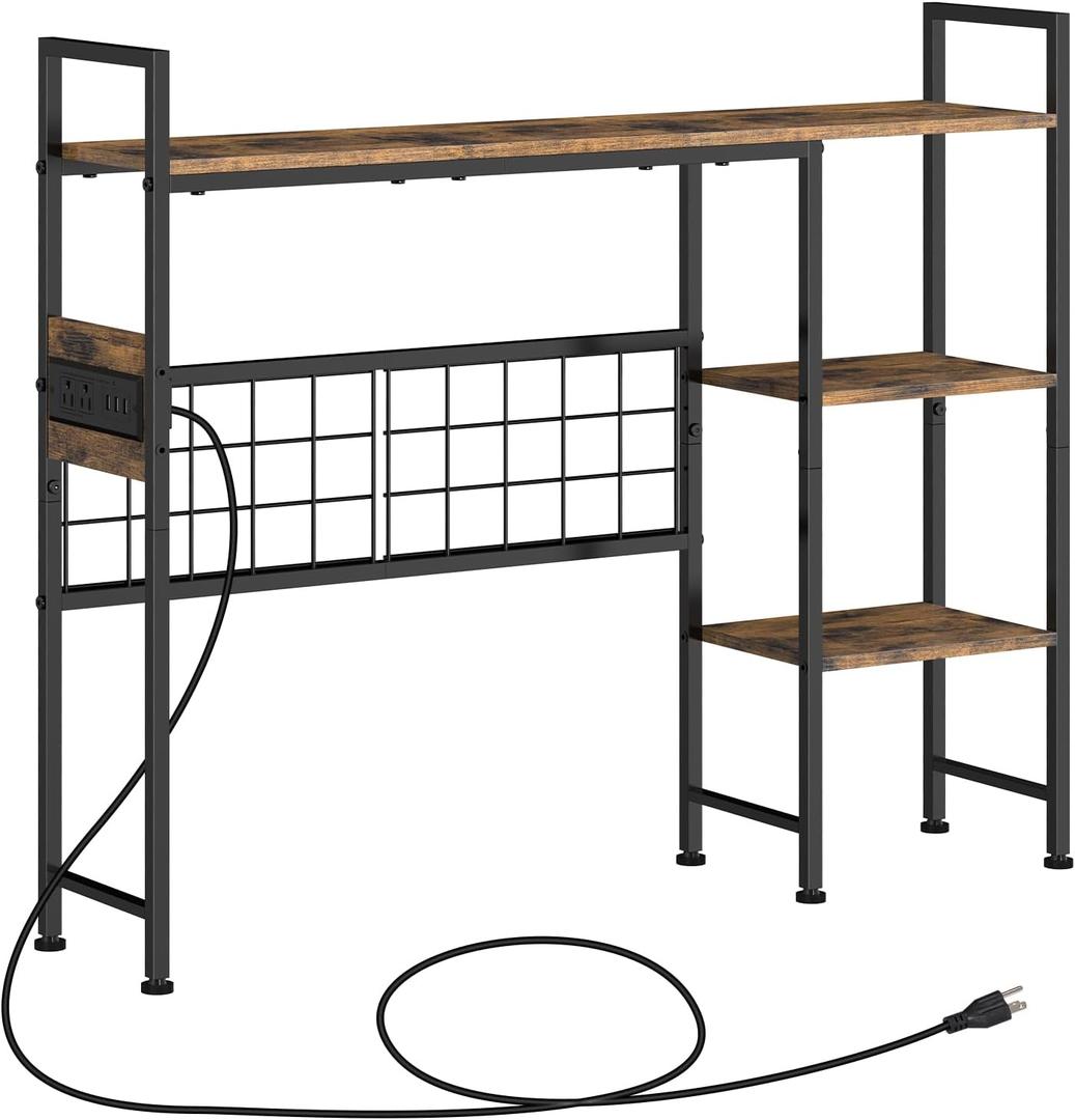 Desktop Bookshelf, 3-Tier Office Desk Shelf, Desk Hutch with Power Outlets, Wood Desk Hutch Bookshelf Storage Rack for Home Office Dorm, Rustic Brown