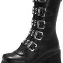 YIYA Black Platform Goth Boots for Women Studded Wide Mid Calf Combat Punk Boots Round Toe Buckle Chunky Heel Back Zipper Thick Sole Ankle Booties (11)