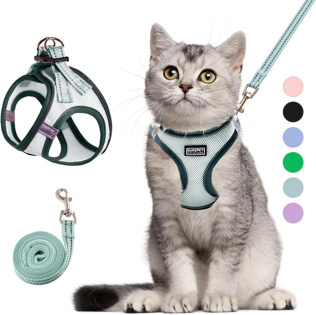 Cat Harness and Leash Set, Soft and Breathable Vest with Reflective Strip, Escape Proof Kitten Harness, Easy to Wear for Cats Walking and Traveling (Light Green, L) (L (Chest:17''-19''))