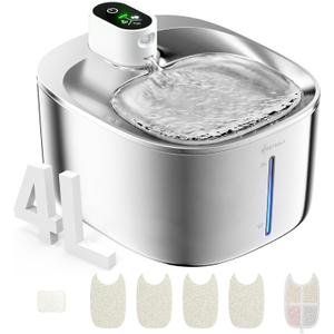 Wireless Cat Water Fountain Stainless Steel, 135floz/4L Battery Operated Automatic Pet Fountain, Cordless Cat Water Dispenser Pet Drinking Water Fountain for Multi cat Cats Dog Outdoor
