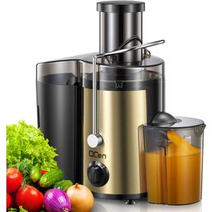 QCen Juicer Machine, 500W Centrifugal Juicer Extractor with Wide Mouth 3 Feed Chute for Fruit Vegetable, Easy to Clean, Stainless Steel, BPA-free (Gold)