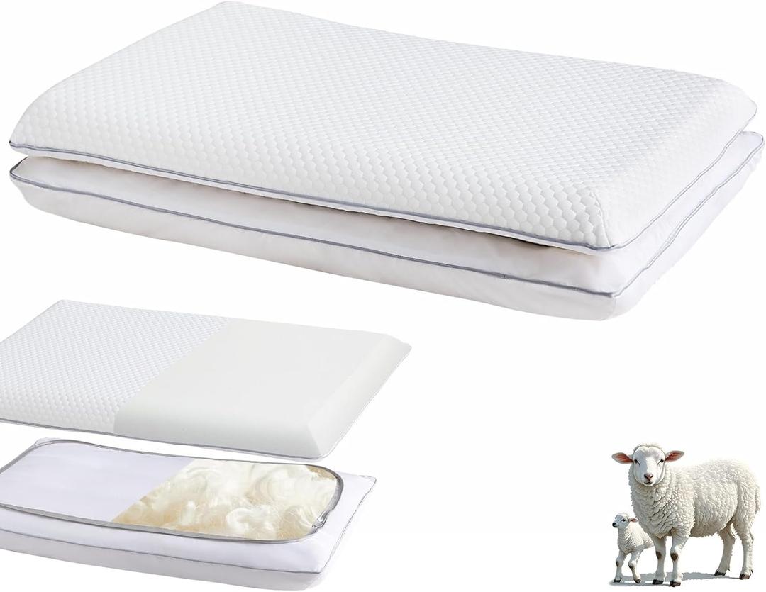 YOUR MOON Soft Support Memory Foam Pillow Queen Size, Wool Pillow for Sleeping, Adjustable Layer High Down Alternative Pillows, Breathable & Noiseless Cover (White)