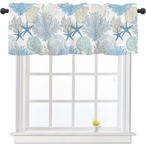 Summer Starfish Coral Kitchen Curtains Valances for Windows Beach Coastal Seashell Window Curtain 54x18 Inch Blue White Short Rod Pocket Bathroom Treatment Valance for Living Room Bedroom Decor