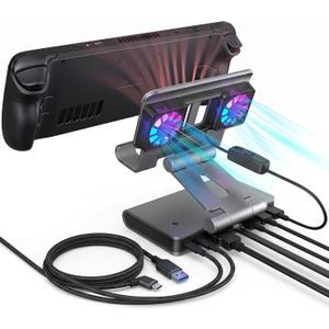 6-in-1 Gaming Docking Station, Built-in Cooling Fan & RGB Light, 4K@60Hz HDMI, Gigabit Ethernet, 100W PD Charging, Adjustable Stand, Portable Dock for Steam Deck, ROG Ally, Legion Go