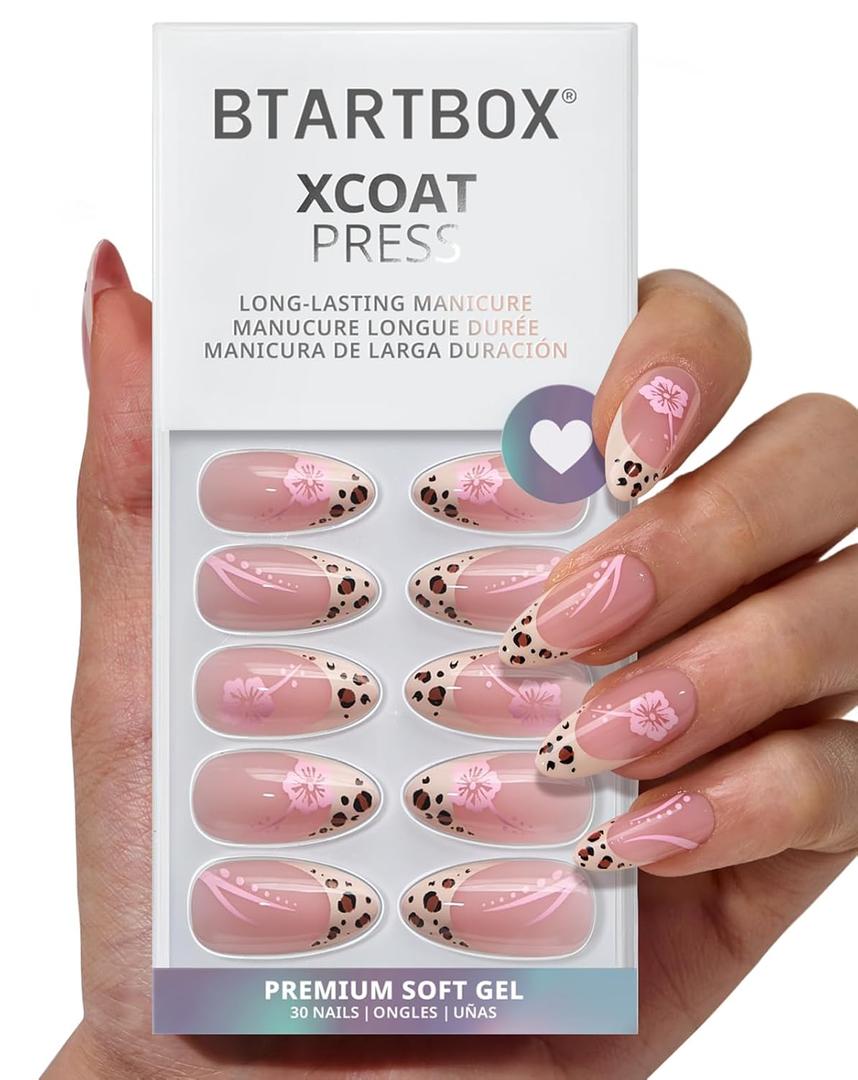BTArtbox Press On Nails Almond- Wild Bloomery, Lamp-Curable 4-Week Wear Pink Leopard French Tip Press On Nails with Glue and Adhesive Tabs, Easy-to-Apply in 15 Sizes - 30 Nails All-in-One Kit