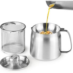 Bacon Grease Container with Strainer, 304 Stainless Steel Grease Container for Kitchen with Dust-proof Lid & Basket, Dishwasher Safe Cooking Oil Container, 50oz/1.5L