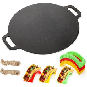 Bekith 12-Inch Cast Iron Pan with Taco Holders, Cast Iron Griddle with Dual Handle, Baking Pan for Pizza, Tortillas, Crepe, Dosa, Use in the Oven, on the Stove, on the Grill, or Over a Campfire
