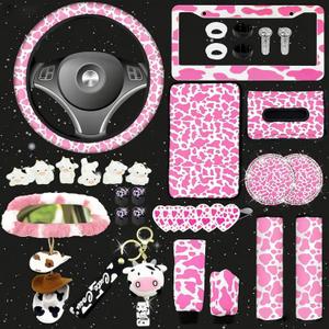 29 PCS Cow Pattern Car Accessories,Including Dashboard Decoration,Rearview Mirror Decoration,Etc,Suitable for Sedans,SUVS and Other Models,Cute Car Interior Sets Suitable for Women (Pink)