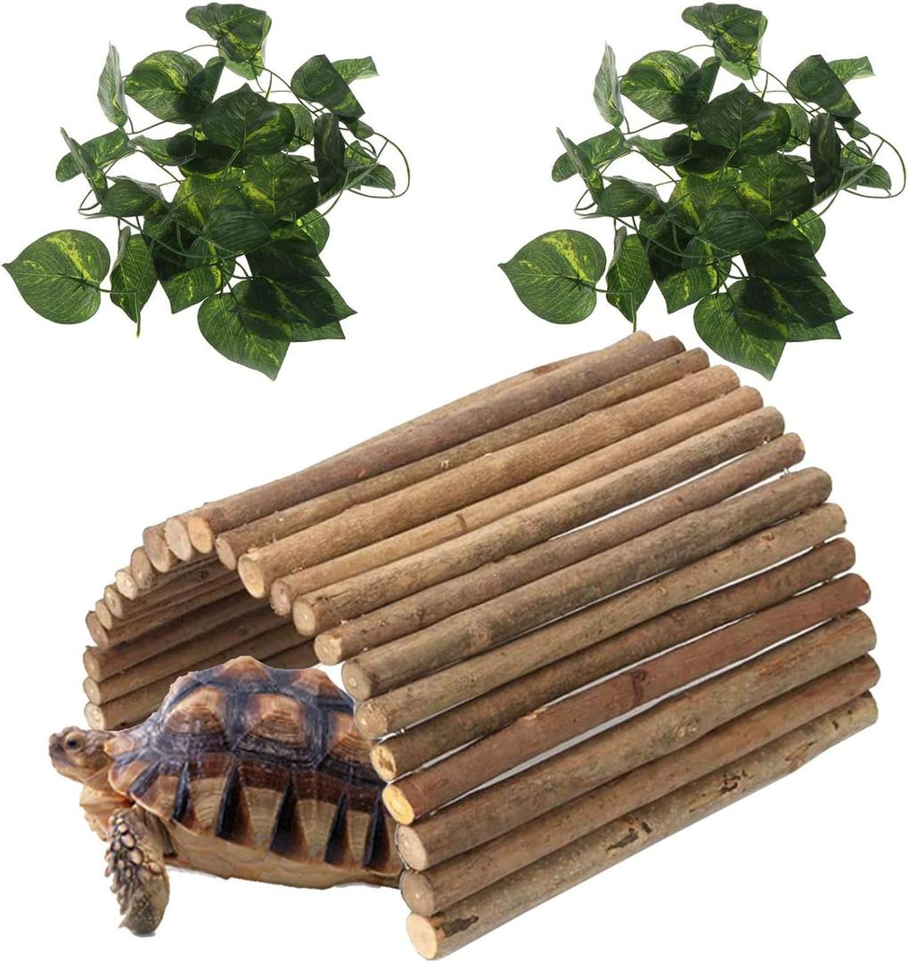 Hamiledyi Extra Large Wooden Reptile Hideout Bearded Dragon Bendy Bridge Climbing Ladder Hiding Hut Reptiles Hide Cave Habitat Decor for Lizards Gecko Spiders Snakes Tortoise(XL:20" x 11.8")