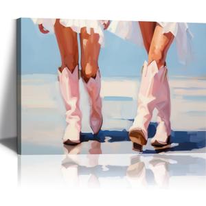 Cowgirl Boots Wall Art Pink Cowboy Boots Canvas Wall Art Western Aesthetic Canvas Prints Poster Trendy Preppy Girls Aesthetic Room Decor Picture for Apartment Bedroom Dorm 24x16in Framed