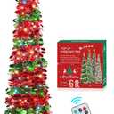 HMASYO 6 FT Pop Up Tinsel Christmas Tree with 100 Colored Timer Lights & Remote, Green Leaf Berries Collapsible Artificial Pencil Tree Xmas Decor for Home, Office, Party, USB Powered, Easy Assembly