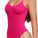 MANGOPOP Women's Cami Thong Bodysuit Double Lined Plunge Deep V Neck Backless Body Suit Adjustable Spaghetti Strap Tank Tops Hot Pink, Large