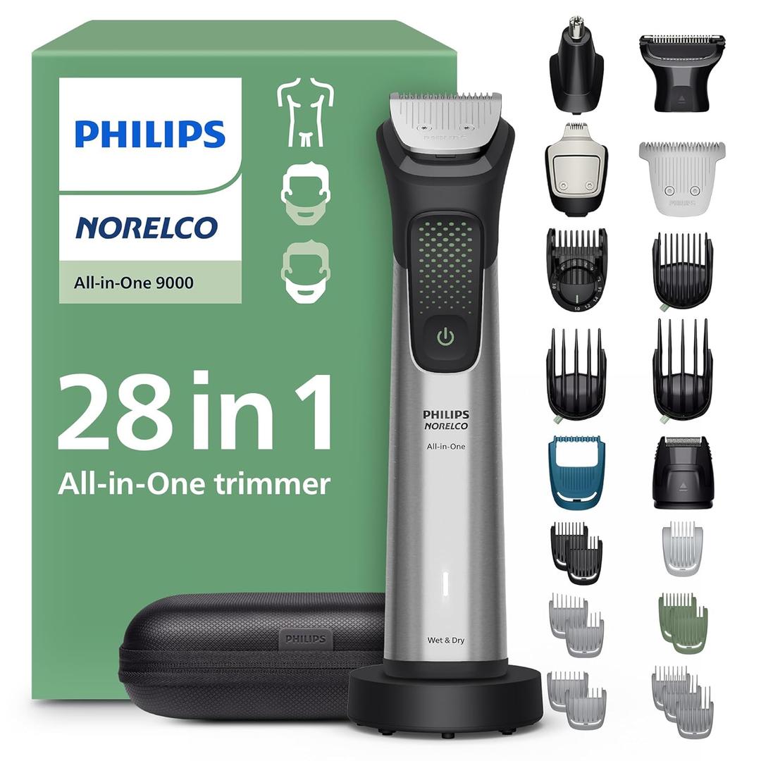 Philips Norelco All-in-One 9000 Series 28-Piece Trimmer - Electric Shaver and Clipper for Face, Beard, Head & Body, Self-sharpening Full Metal Blades, 27 Length Settings (0.5-20 mm), MG9585/49 (Steel)