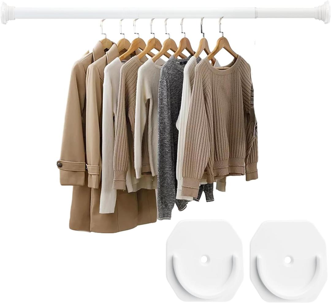Closet Rods for Hanging Clothes, White Closet Rod 30-76 Inch Adjustable Clothes Hanging Bar Shower Curtain Rods for Closet, Wardrobes, Bathroom, Windows, with No Drilling Holder